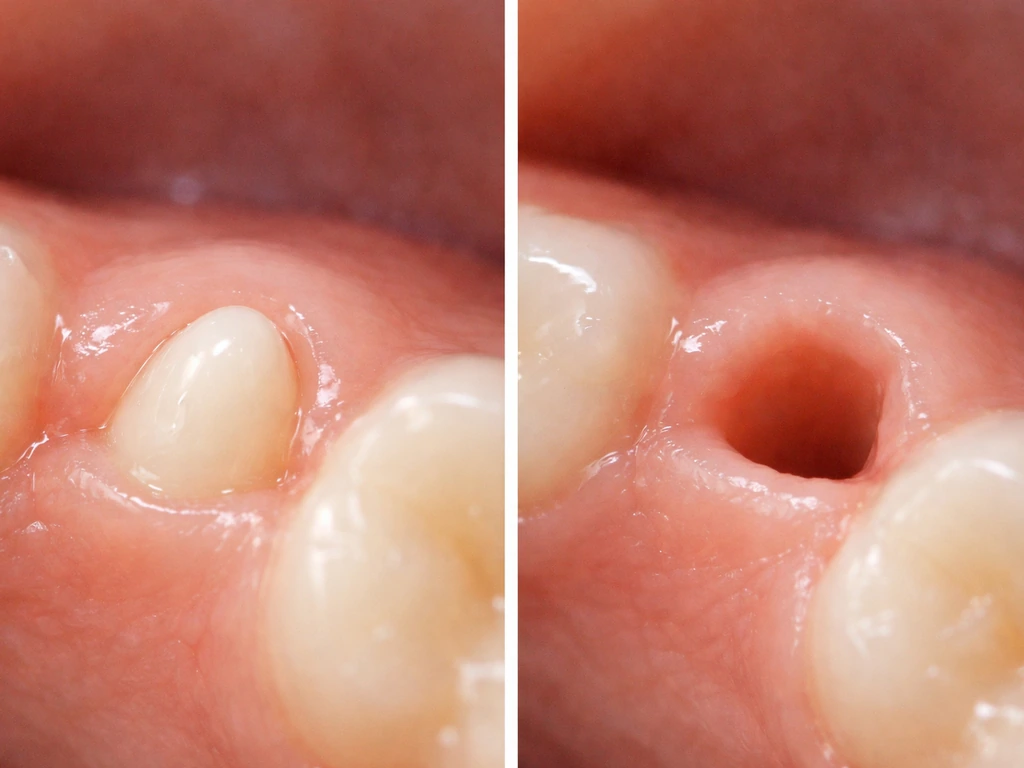 Close-up of a small tooth emerging from pale pink gums beside a missing tooth with gentle, realistic context.