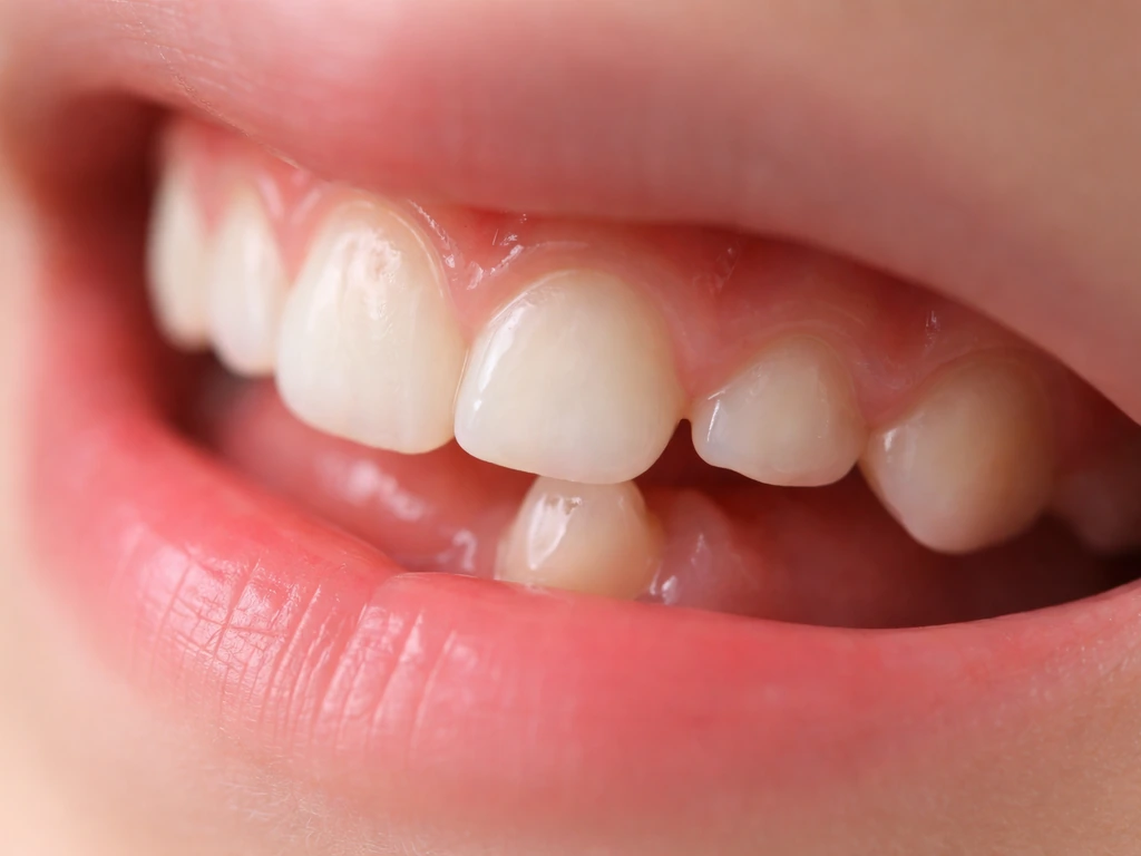 Close-up of a child’s lower front teeth with one early permanent incisor starting to emerge behind a baby tooth.