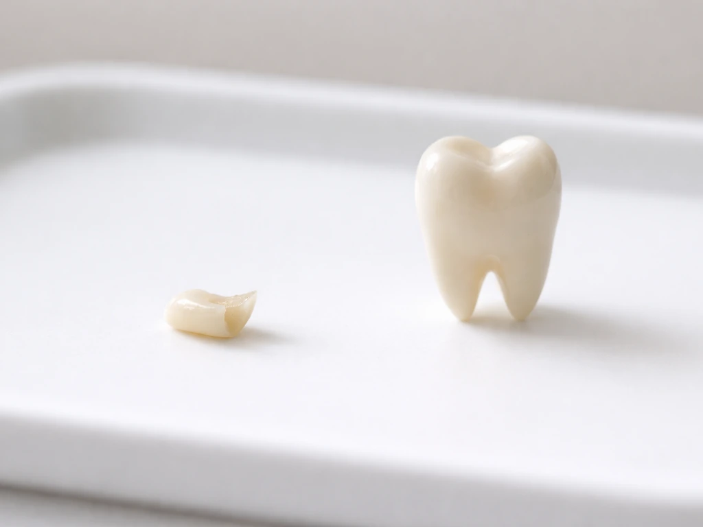 Minimal photo of broken baby tooth on a dental tray beside a blurred intact tooth model, symbolizing no regrowth.