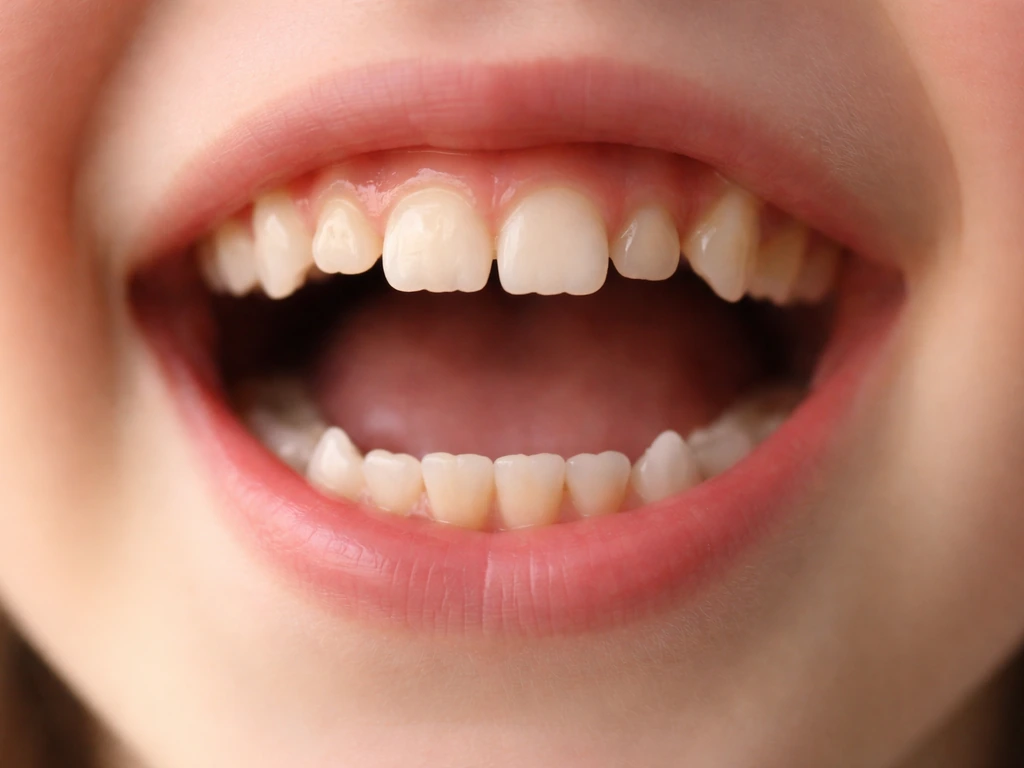 Close-up of a person’s mouth showing mixed dentition with baby teeth and permanent teeth contrasting