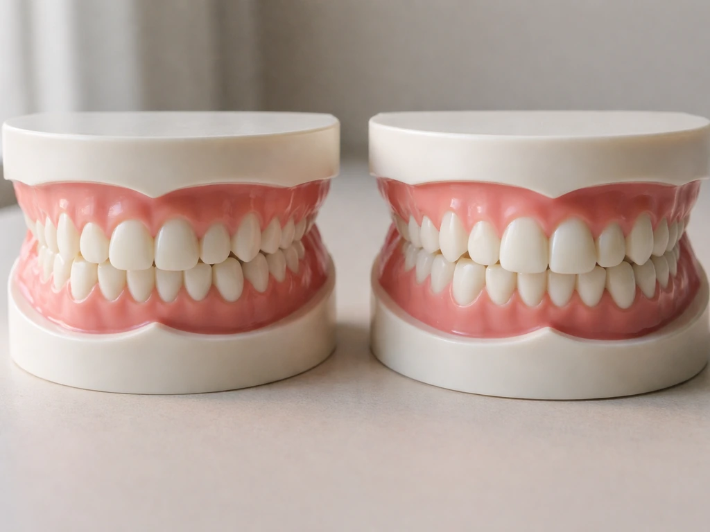 Two side-by-side dental models showing smaller baby teeth and larger permanent teeth.