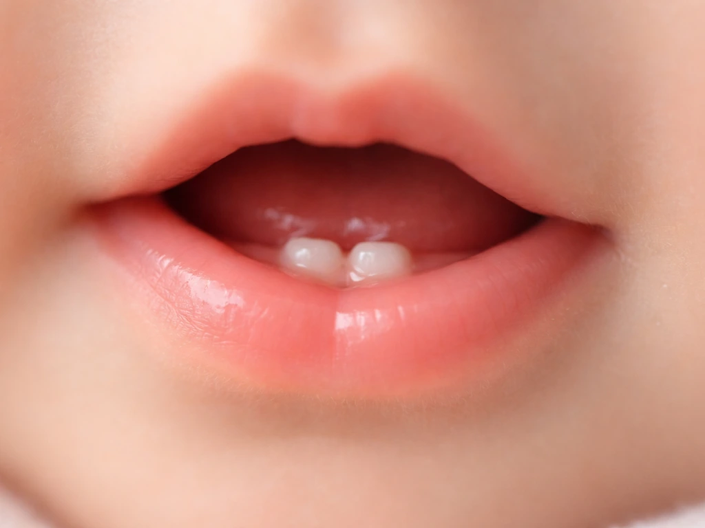 Close-up of a baby’s mouth showing lower central incisors starting to erupt around 6 months.