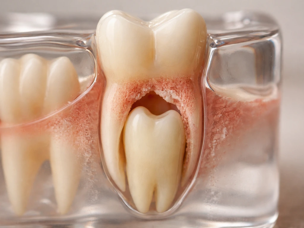 Realistic cross-section view of a baby tooth root being resorbed as a permanent tooth develops underneath.