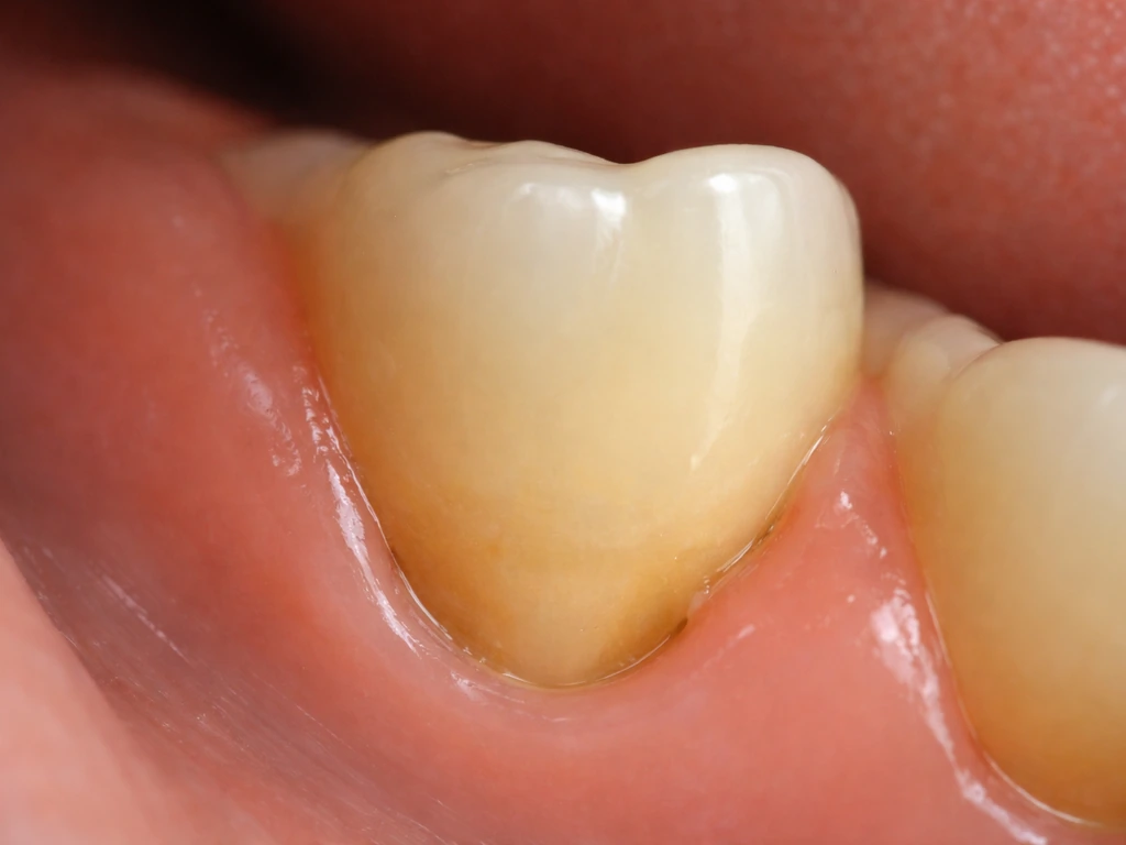 Close-up of a tooth and gums showing recession with a small gap and exposed root area.