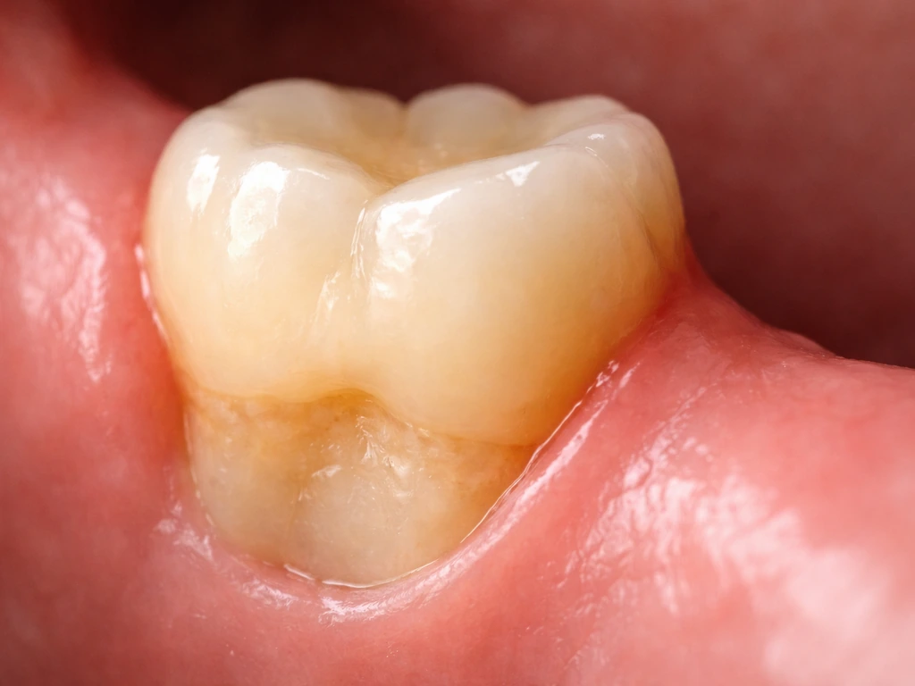 Close-up of a tooth with visible gum recession and exposed root surface.
