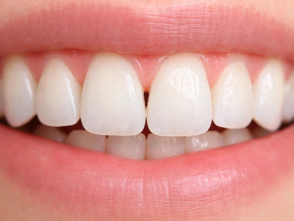 Close-up of front teeth showing small dark triangles between teeth near the gumline
