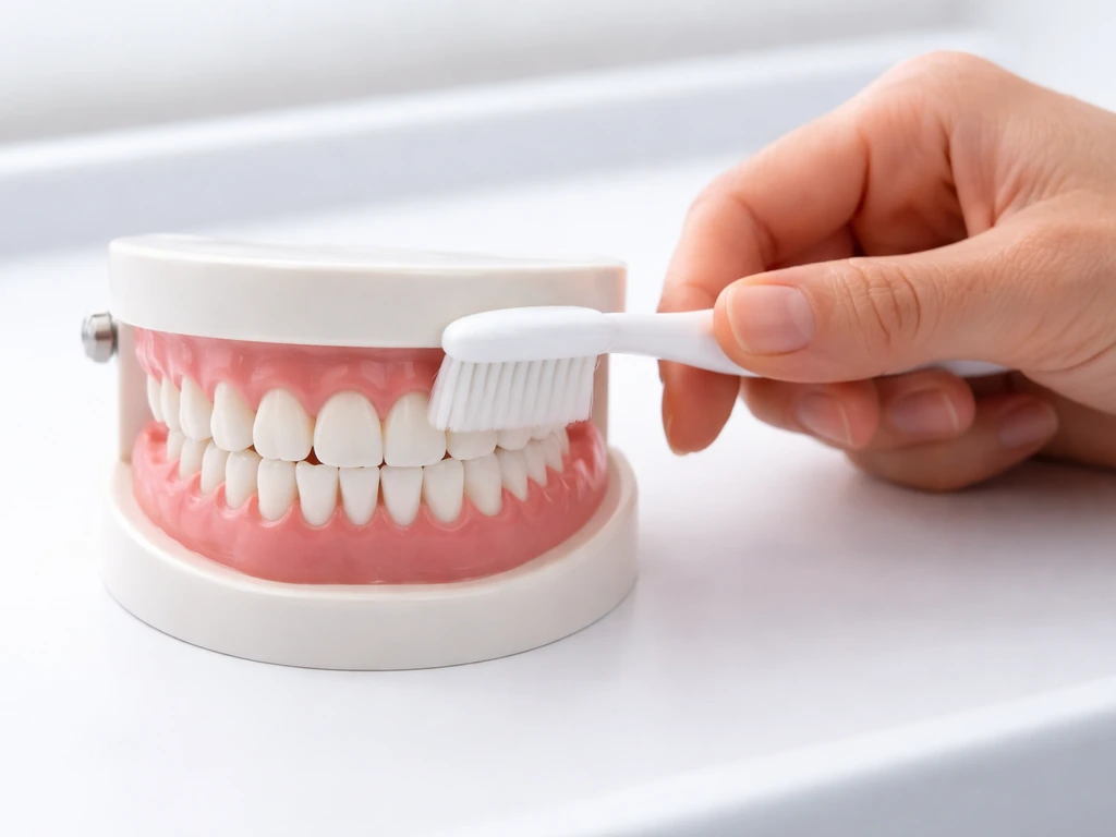 Clinician hand gently brushes an oral model’s teeth at the gumline with a soft toothbrush.