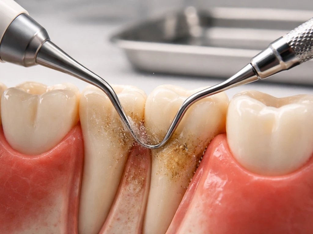 Ultrasonic scaler and periodontal instruments cleaning a tooth root model beneath the gumline.