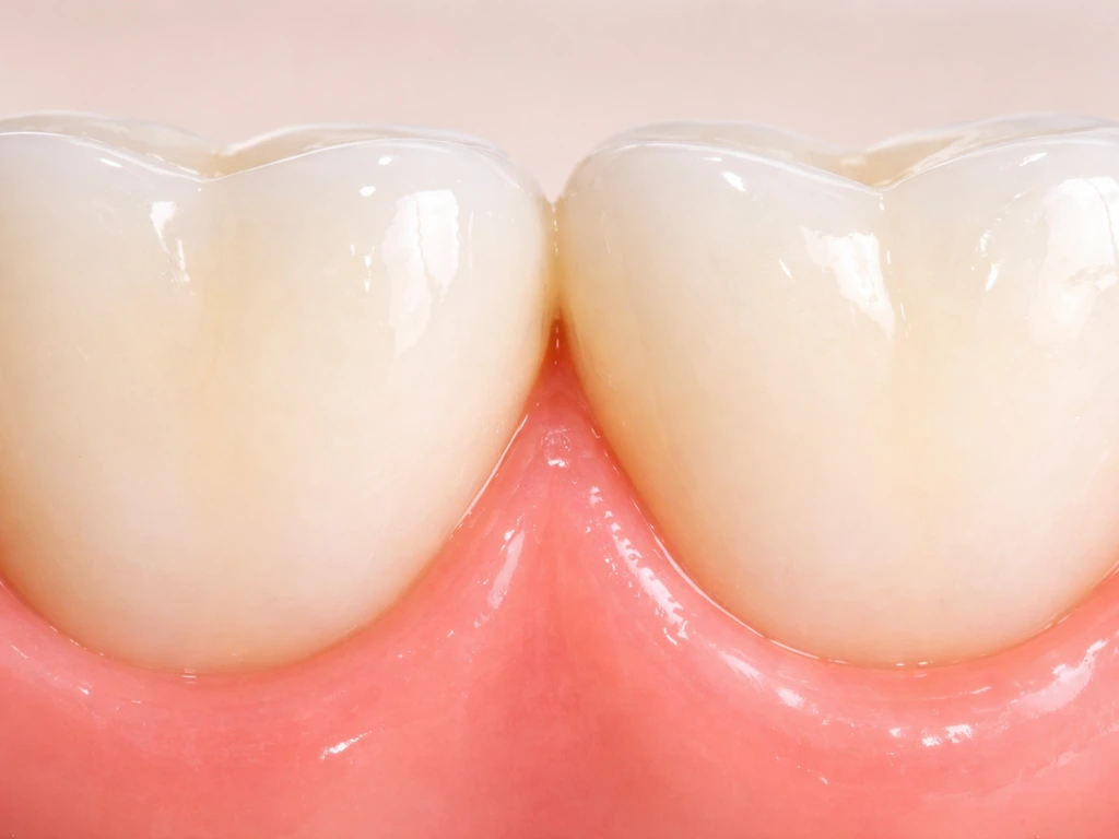 Dental clinician view of gum tissue concept between two teeth with restored interdental papilla height