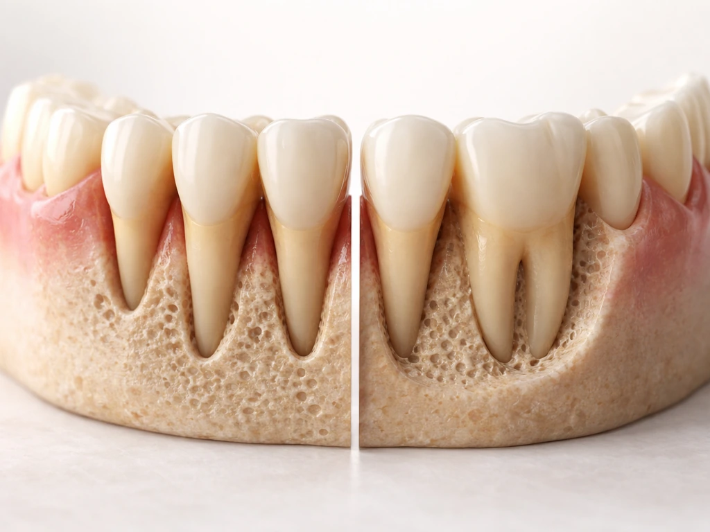 Close side view of a jaw showing tooth roots with supporting bone loss and partial recovery around gums.