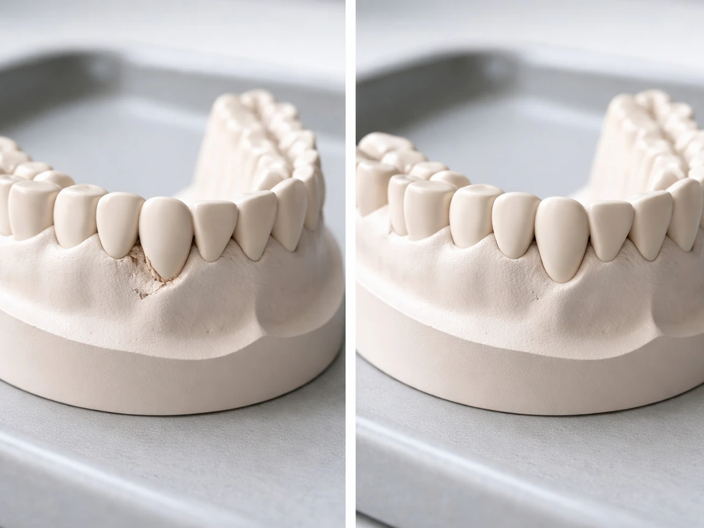 Two adjacent jaw models showing limited bone fill on one side and partial regrowth on the other.