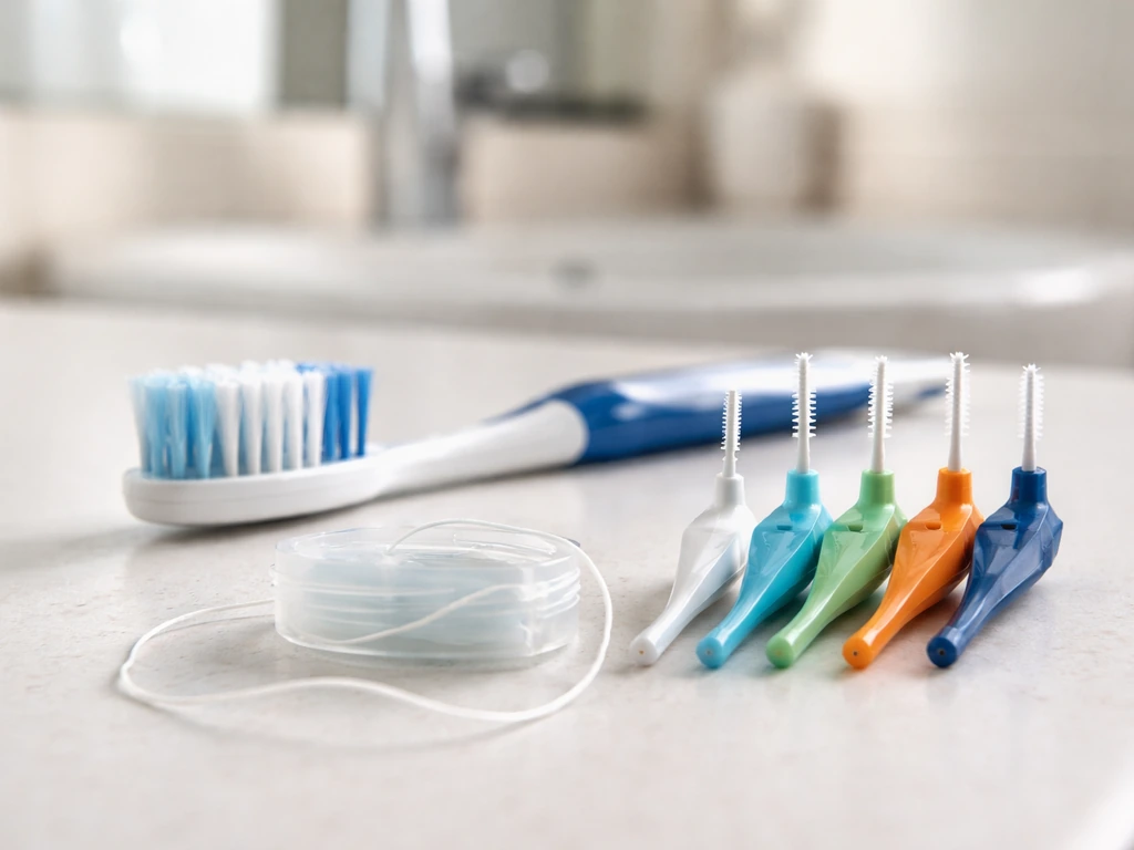Close-up of toothbrush and interdental brushes with a small floss segment on a bathroom counter