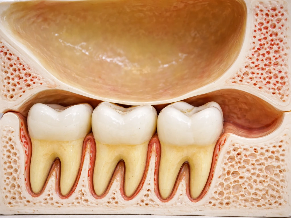Dental anatomy photo-style image showing upper back tooth roots near the maxillary sinus floor, simplified.