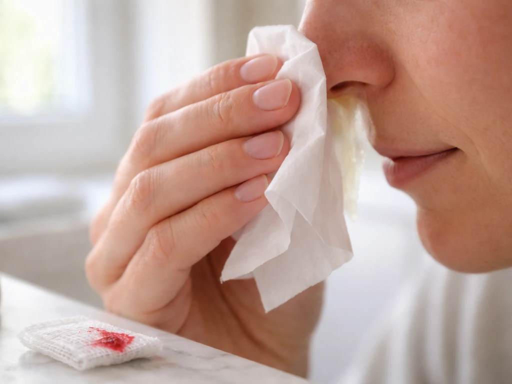 Minimal photo showing one-sided nasal drainage with a tooth extraction area implied by context, not a chart.