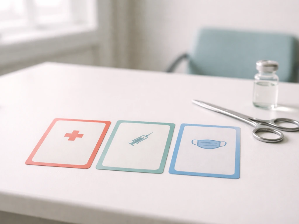 Minimal clinic desk with three unlabeled medical cards showing watchful monitoring, drainage, and surgery options.