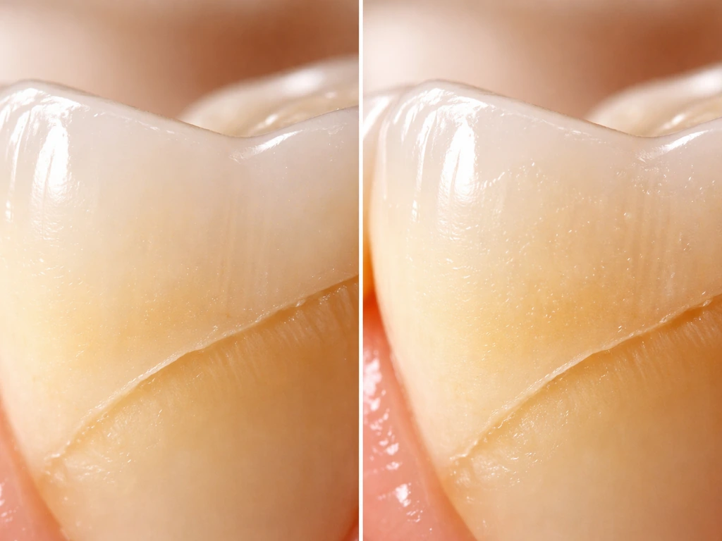 Minimal split scene: fixed tooth enamel shell vs a tooth root with subtle remineralization cues