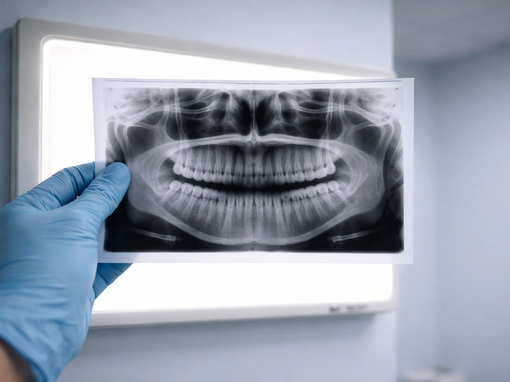 Anonymous gloved hand holds a panoramic dental X-ray showing erupted and unerupted teeth/wisdom positions.