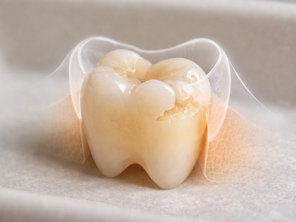 Dental close-up showing a chipped tooth surface and subtle enamel layers, illustrating limits of natural regrowth.