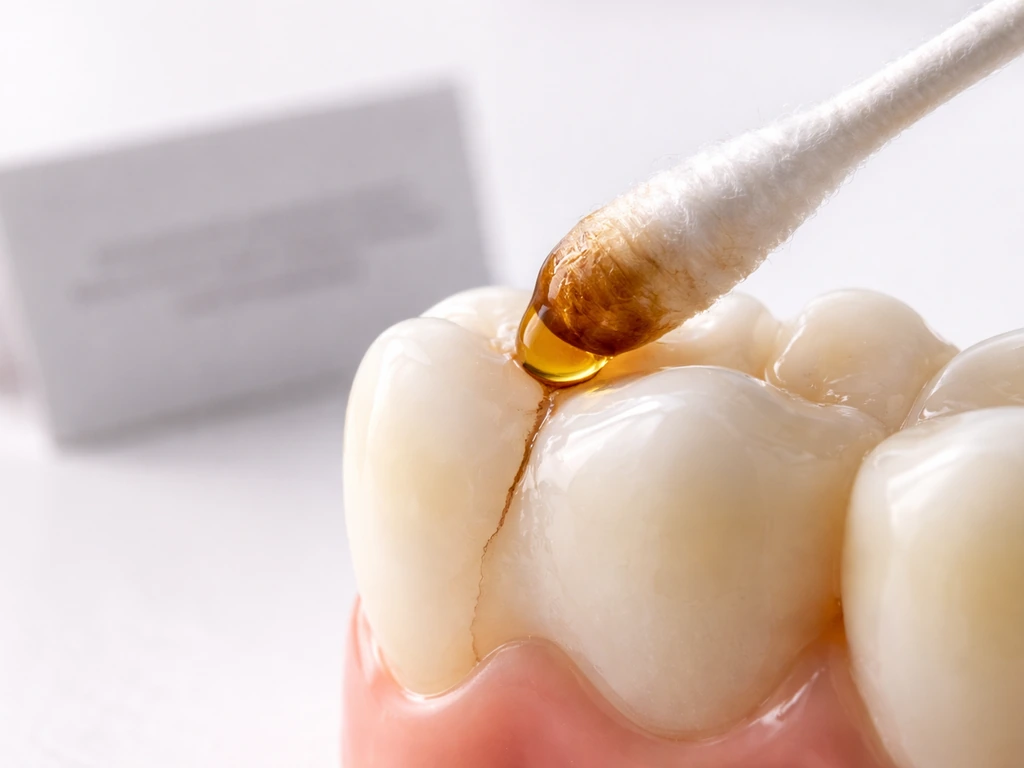 Cotton swab with clove oil gently applied to a tooth model’s sensitive area on a clean table.