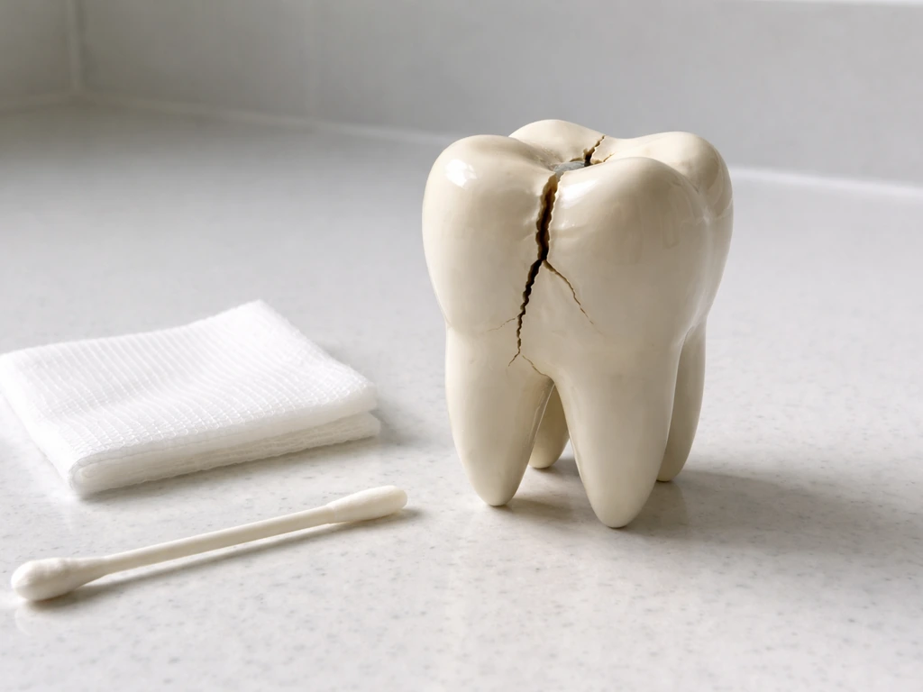 Close-up of a cracked tooth model on a bathroom counter with simple care items nearby.