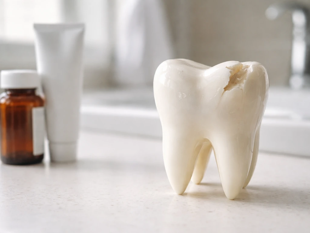 Tooth model with a small white enamel spot beside a chipped enamel edge, next to unlabeled toothpaste and supplement.