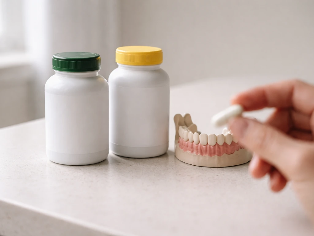 Counter with calcium and vitamin D supplement bottles beside a dental jaw model, implying bone support not enamel repair