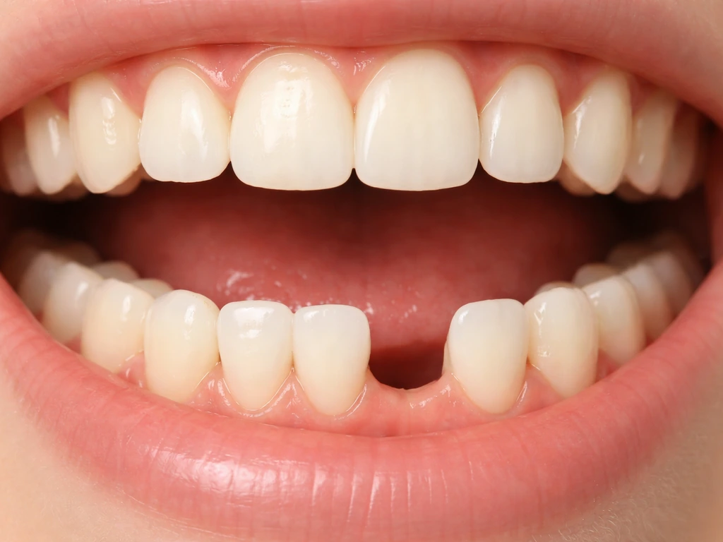Close-up of upper and lower dental arches with a visible gap where a tooth should be, indicating delayed eruption