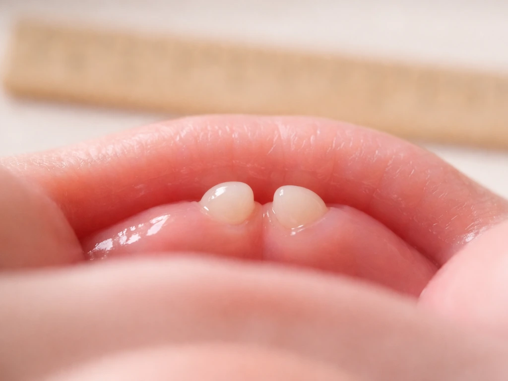 Close-up of a child’s gums and emerging baby teeth with a blurred wooden ruler in the background.