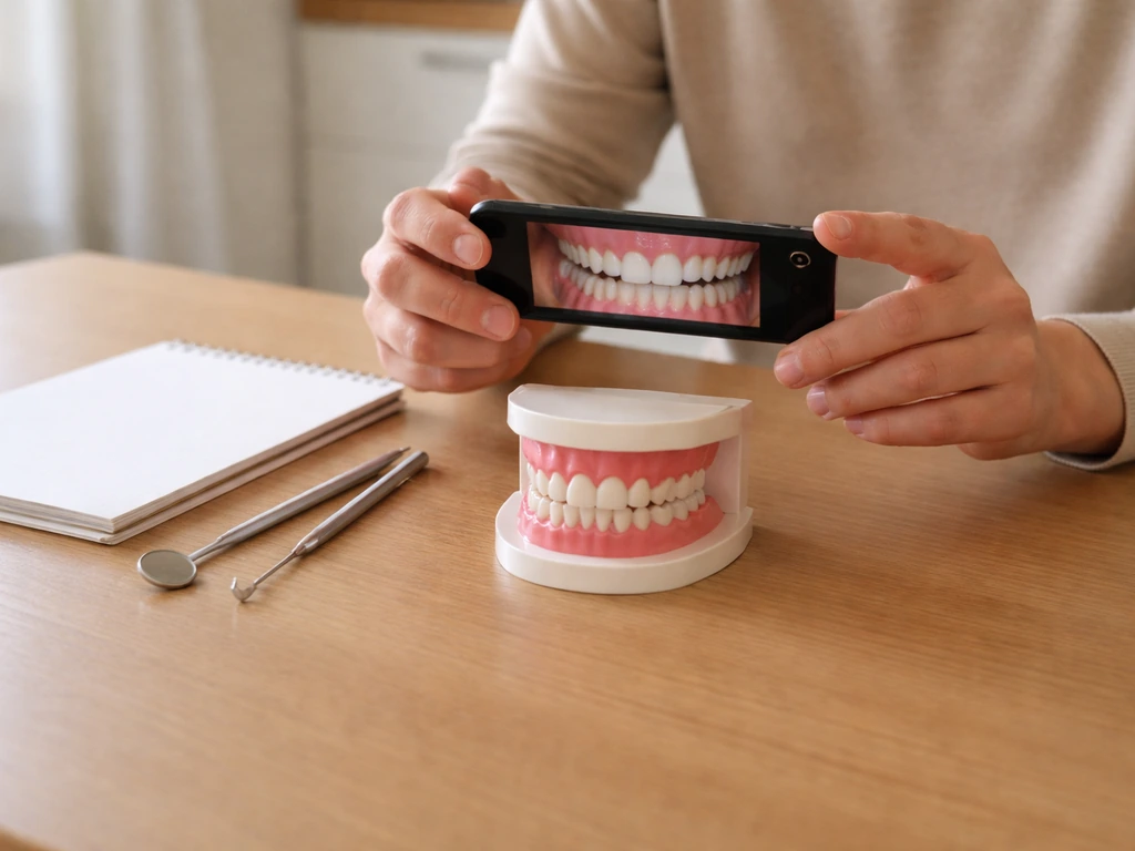 Anonymous parent/teen uses a smartphone over a dental model on a kitchen table to track a tooth gap.