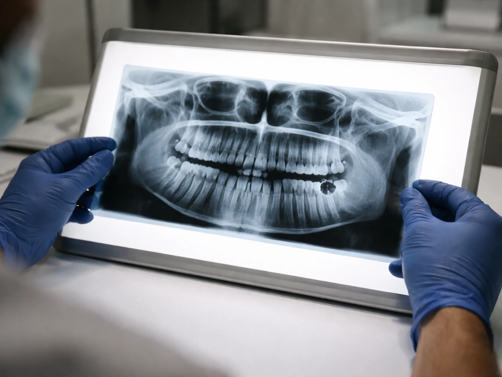 Dentist’s gloved hands holding a panoramic dental X-ray over a lightbox, showing a delayed tooth position.