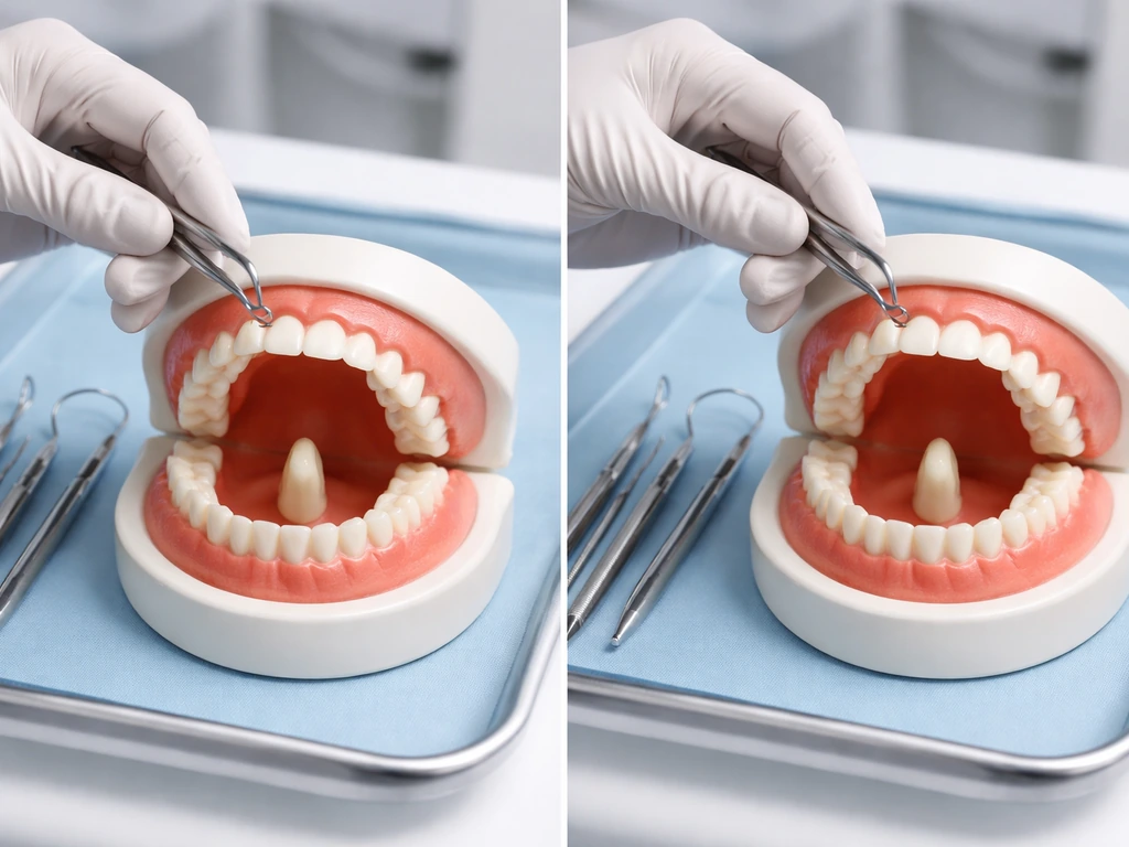 Dental clinic scene with tools and a clean mannequin mouth showing tooth removal and space opening