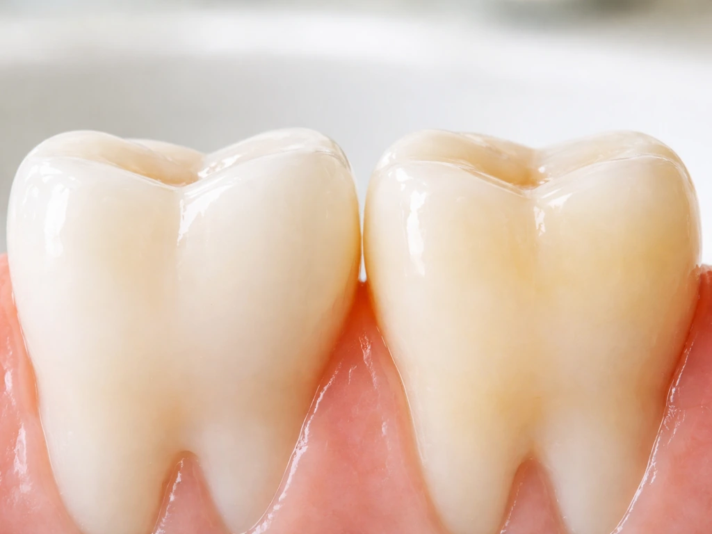 Side-by-side view of healthy vs mildly worn adult teeth with slight gum recession