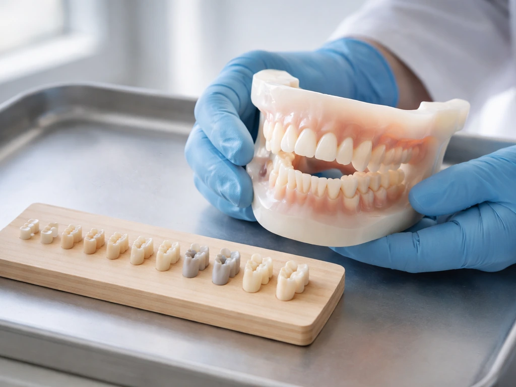 Photo of a dentist holding an anatomical jaw model and a dental chart board to show tooth eruption stages