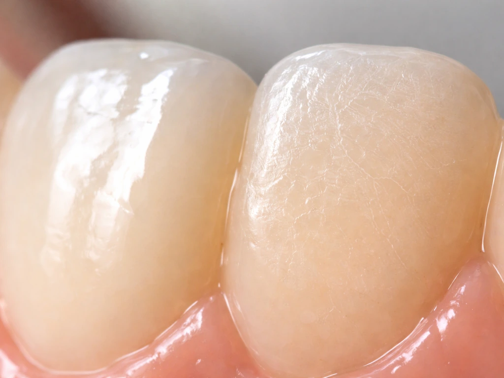 Macro close-up of tooth enamel surface: glossy smoother area next to matte worn/roughened enamel.