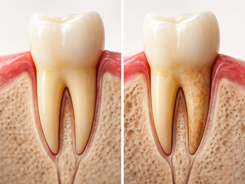 Minimal cutaway of a tooth showing healthy gums and alveolar bone alongside gum recession and bone loss.