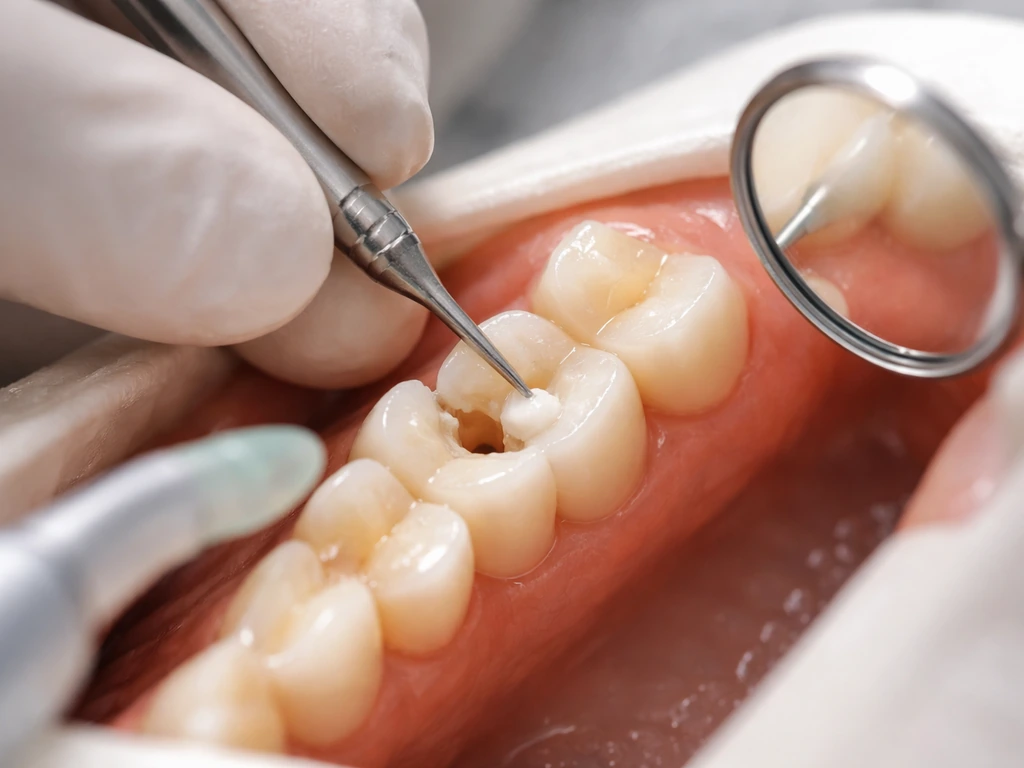 Dental clinician’s gloved hands placing a white composite filling during a routine exam.