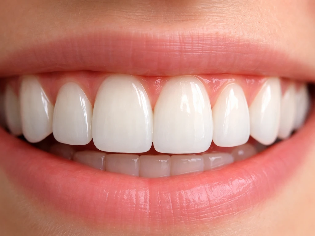 Close-up of front teeth with veneers and a visible gumline margin where gum tissue meets the edges.