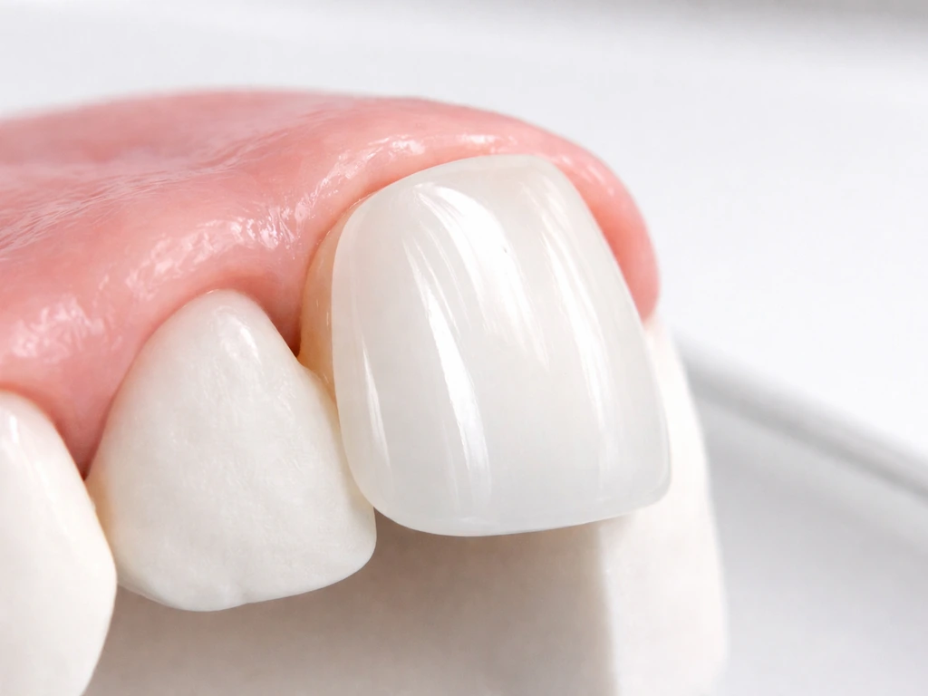 Close-up of a tooth model with a veneer shell bonded to the front surface and gum tissue kept separate.
