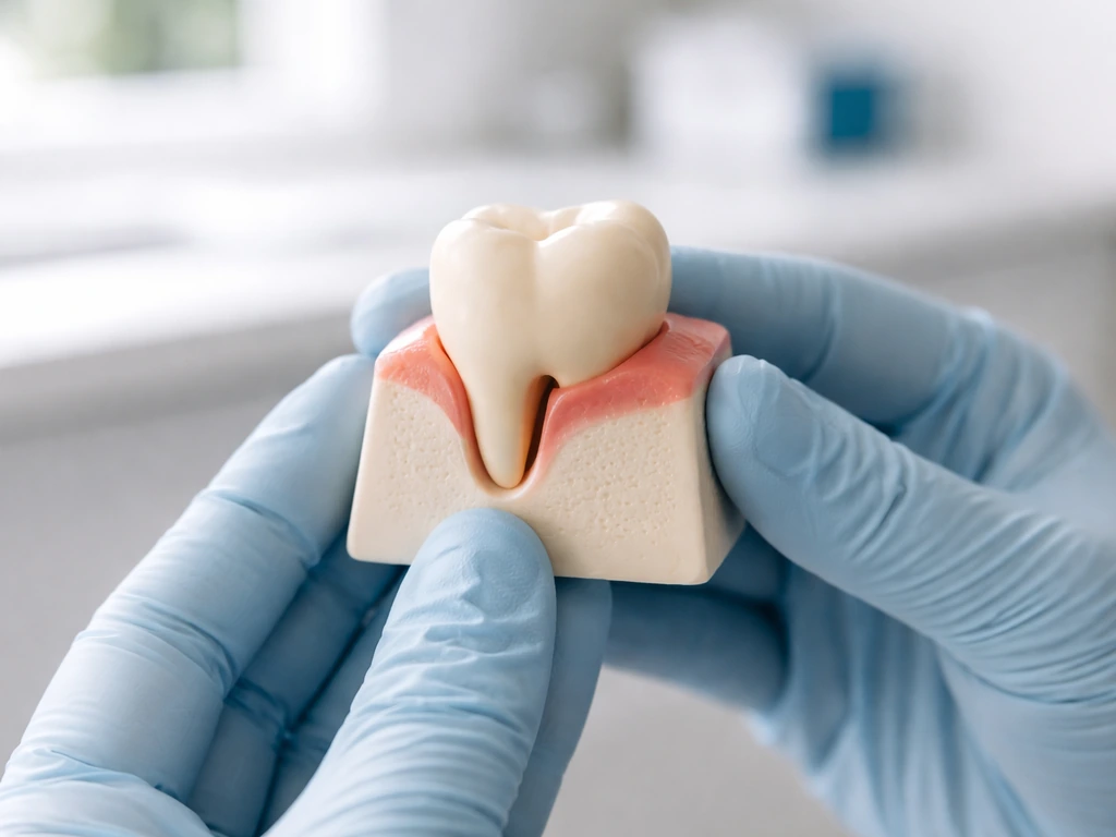 Dental specialist examining a simplified model of gums and tooth margin placement in a minimal clinic setup