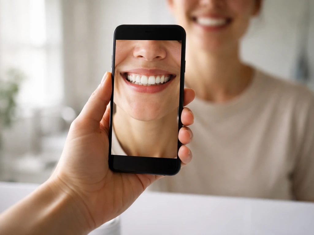 Close-up of a person holding a phone to take a well-lit selfie of their smile and gumline.