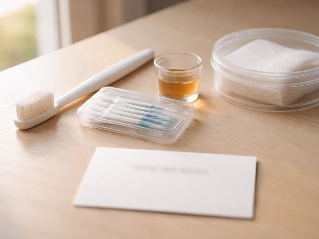 Toothbrush, interdental cleaner, and antiseptic cap on a clean counter for veneer aftercare.
