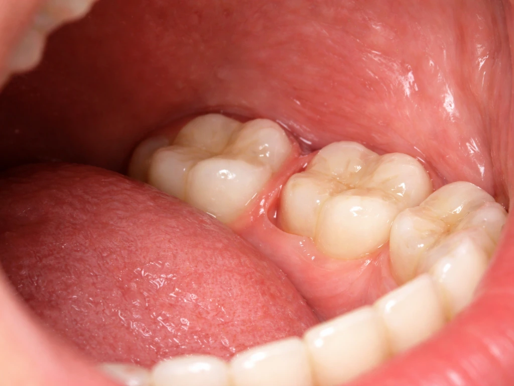 Close-up of the back-of-mouth area showing a wisdom tooth partially erupting from the gums.
