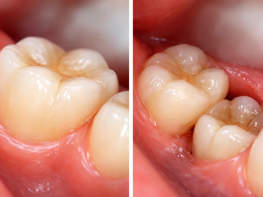 Split-view dental close-up showing a typical erupted tooth next to an impacted wisdom tooth