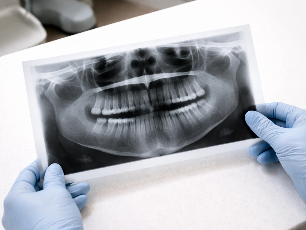 Overhead view of a panoramic dental X-ray on a clinic table with gloved hands reviewing wisdom tooth areas