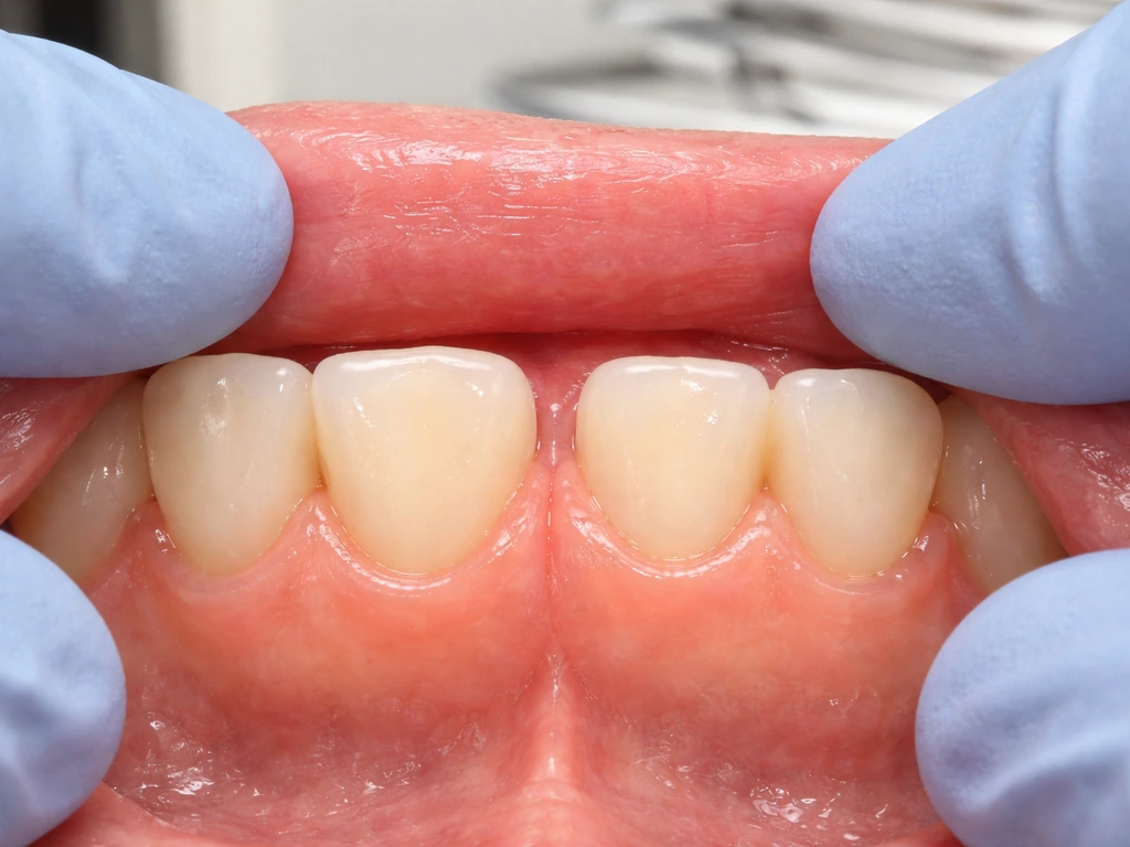 Dental clinician examining gums; close-up showing thick, firm gum versus thin, scalloped gum with subtle volume differen