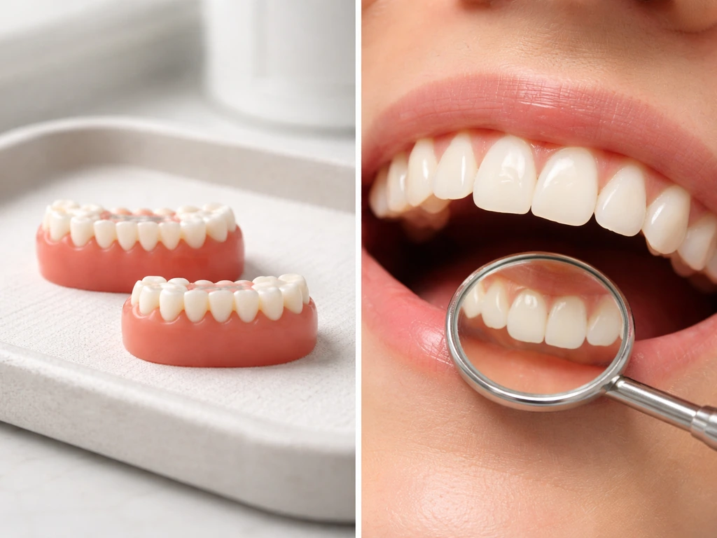 Minimal dental scene comparing two phases: baby-to-permanent timeline next to an adult mouth with no new teeth.