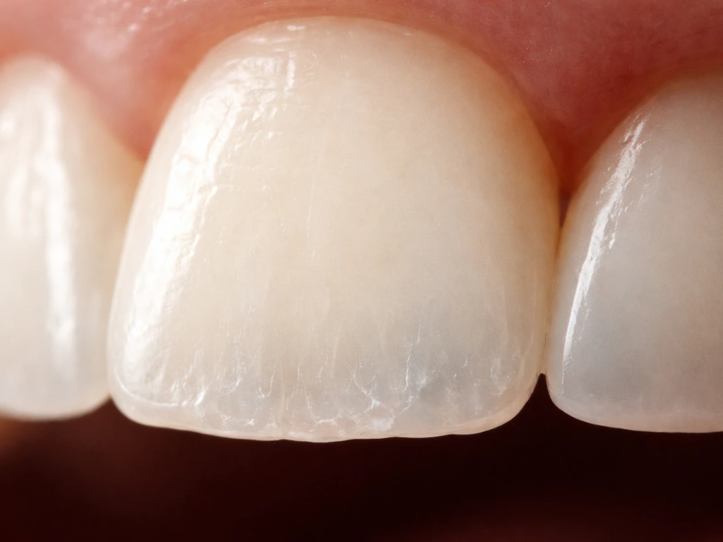 Macro close-up of a tooth showing worn enamel near the edge, highlighting enamel thinning over time.