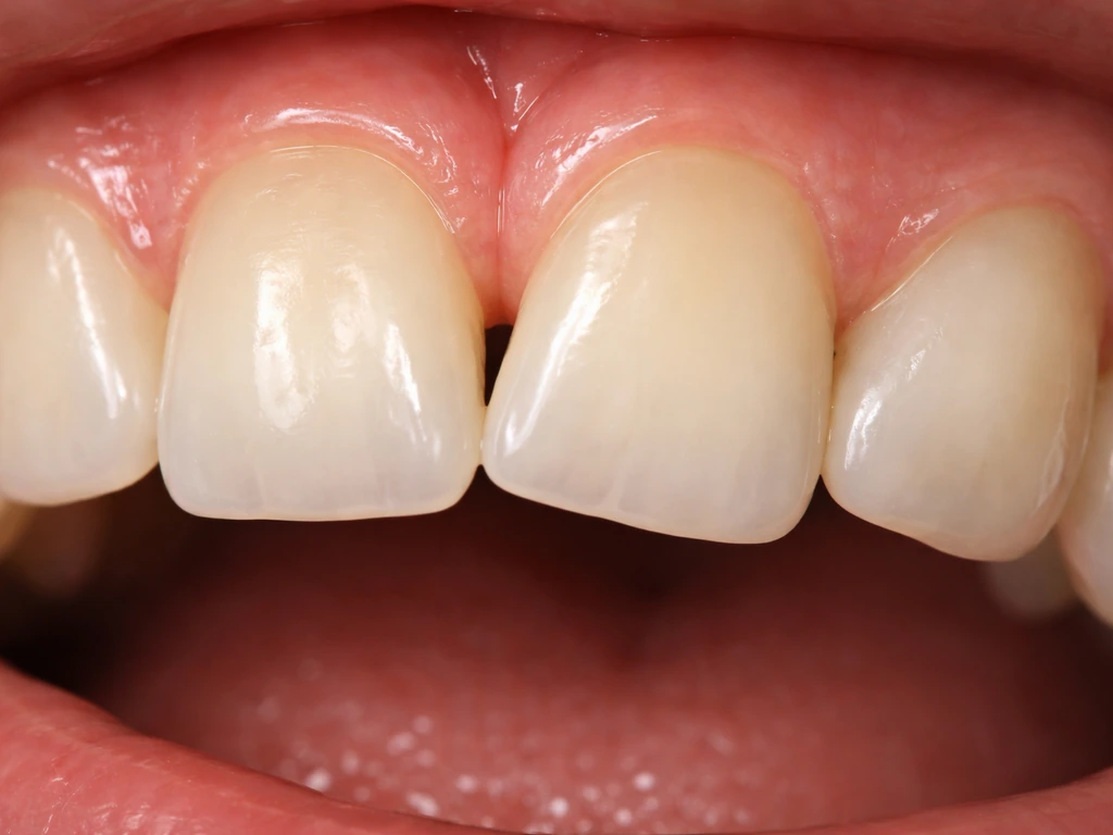 Close-up of upper teeth showing subtle drift, tilt, and a small gap near the gumline.