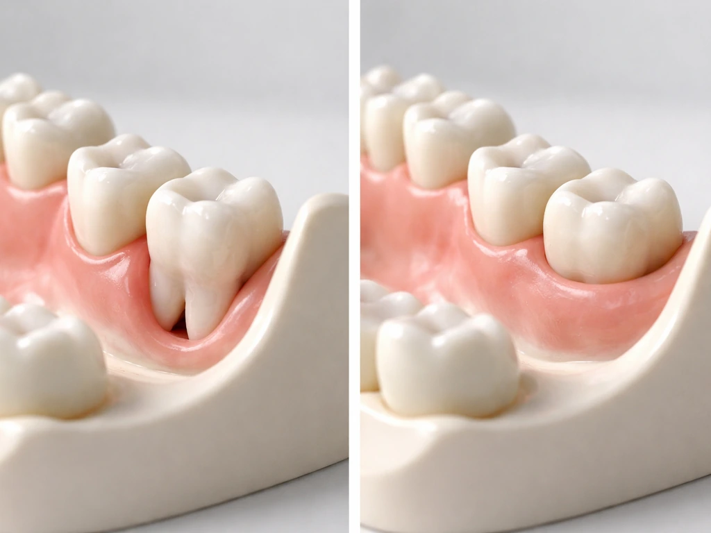 Minimal dental close-up of wisdom tooth partially erupting vs impacted in an adult jaw model.
