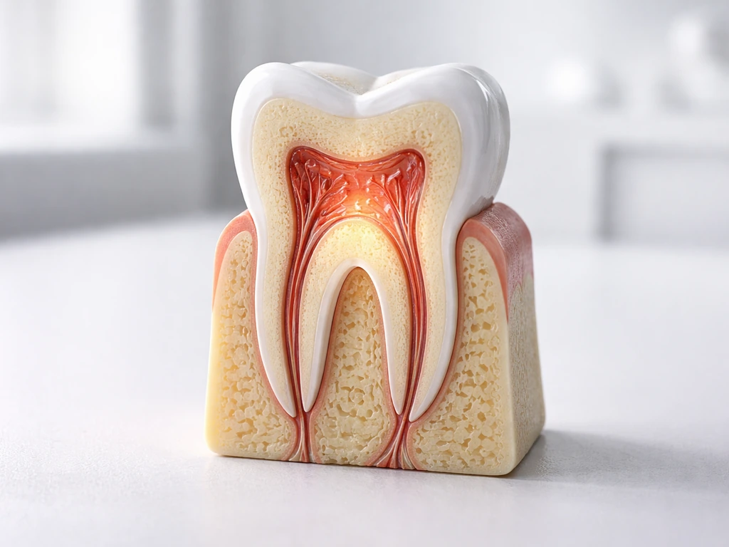 Macro view of a tooth cross-section model showing enamel, dentin, and highlighted pulp tissue.